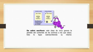 De sobre escritura: este clase de virus genera la
pérdida del contenido de los archivos a los que ataca.
Esto lo logra sobrescribiendo su interior.
 
