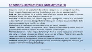 DE DONDE SURGEN LOS VIRUS INFORMÁTICOS? (II)
SJM Computación 4.0 24
Esto podría ser creado por un empleado descontento u otra persona con una agenda específica.
Existen varias clasificaciones en cuanto al tipo de hackers, pero estas son las dos principales:
Black Hat: Son los villanos de la película. Usan sofisticadas técnicas para acceder a sistemas,
apoderarse de ellos y sus datos, destruirlos, venderlos, etc.
White Hat: Son hackers éticos, que trabajan asegurando y protegiendo sistemas de TI. Usualmente
se desempeñan en compañías de seguridad informática y dan cuenta de las vulnerabilidades de las
empresas para poder tomar medidas correctivas.
Adicionalmente se clasifican por tipos de ataque, estos son los más conocidos:
Carders: Experto en fraudes con tarjetas de crédito. Generan números falsos y códigos de acceso
que violan exitosamente los sistemas de control para robar y clonar tarjetas.
Pharmers: Se dedican a realizar ataques de “phishing”, donde el usuario cree que está entrando a un
sitio real y en realidad introduce sus datos en uno creado por el hacker. Posteriormente usan las
credenciales para robar fondos de las cuentas de sus víctimas.
Defacers: Buscan bugs de páginas web en internet para poder infiltrarse en ellas y así modificarlas.
Spammers: Hay empresas que les pagan por la creación de spams de sus principales productos, y en
otros casos también lucran con publicidad ilegal.
 