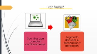VIRUS MUTANTES 
Son virus que 
cambian 
continuamente. 
Logrando 
dificultar su 
eliminación y 
detección. 
 