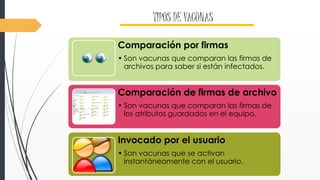 TIPOS DE VACUNAS 
Comparación por firmas 
• Son vacunas que comparan las firmas de 
archivos para saber si están infectados. 
Comparación de firmas de archivo 
• Son vacunas que comparan las firmas de 
los atributos guardados en el equipo. 
Invocado por el usuario 
• Son vacunas que se activan 
instantáneamente con el usuario. 
 