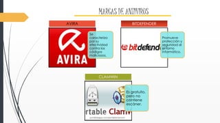 MARCAS DE ANTIVIRUS 
Se 
caracteriza 
por su 
efectividad 
contra los 
códigos 
maliciosos. 
AVIRA 
Promueve 
protección y 
seguridad al 
entorno 
informático. 
BITDEFENDER 
Es gratuito, 
pero no 
contiene 
escáner. 
CLAMWIN 
 