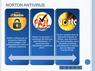 NORTON ANTIVIRUS 
Norton antivirus es un 
programa diseñado 
para proteger a las 
computadoras contra el 
software malicioso 
Norton ha lanzado 17 
versiones de Antivirus 
para Windows y 11 
versiones para 
Macintosh a partir de 
2010.. 
Norton emplea tanto la 
detección basada en 
firmas, que reconoce 
los virus actuales, pero 
necesita constante 
actualización a medida 
que se detectan 
nuevas firmas. 
 