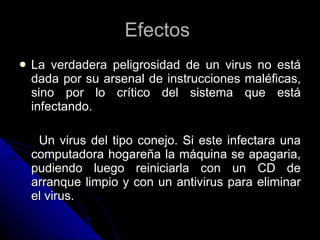 Efectos  La verdadera peligrosidad de un virus no está dada por su arsenal de instrucciones maléficas, sino por lo crítico del sistema que está infectando.  Un virus del tipo conejo. Si este infectara una computadora hogareña la máquina se apagaria, pudiendo luego reiniciarla con un CD de arranque limpio y con un antivirus para eliminar el virus.  