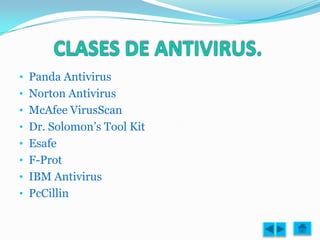 • Panda Antivirus
• Norton Antivirus
• McAfee VirusScan
• Dr. Solomon’s Tool Kit
• Esafe
• F-Prot
• IBM Antivirus
• PcCillin
 