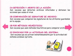 CA:DETECCIÓN Y ABORTO DE LA ACCIÓN:
Son vacunas que detectan archivos infectados y detienen las
acciones que causa el virus

CB:COMPARACIÓN DE SIGNATURE DE ARCHIVO:
Son vacunas que comparan las signaturas de los atributos guardados
en tu equipo.

CB:POR MÉTODOS HEURÍSTICOS:
Son vacunas que usan métodos heurísticos para comparar archivos.

CC:INVOCADO POR LA ACTIVIDAD DEL SISTEMA:
 Son vacunas que se activan instantáneamente por la actividad del
sistema windows xp/vista.


.
 