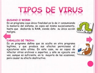 GUSANO O WORM:
Es un programa cuya única finalidad es la de ir consumiendo
la memoria del sistema, se copia así mismo sucesivamente,
hasta que desborda la RAM, siendo ésta su única acción
maligna.


CABALLOS DE TROYA:
Es un programa dañino que se oculta en otro programa
legítimo, y que produce sus efectos perniciosos al
ejecutarse este ultimo. En este caso, no es capaz de
infectar otros archivos o soportes, y sólo se ejecuta una
ves, aunque es suficiente, en la mayoría de las ocasiones,
para causar su efecto destructivo.
 
