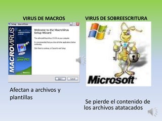 VIRUS DE MACROS   VIRUS DE SOBREESCRITURA




Afectan a archivos y
plantillas
                        Se pierde el contenido de
                       los archivos atatacados
 