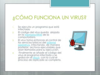 ¿CÓMO FUNCIONA UN VIRUS?
1. Se ejecuta un programa que está
infectado
2. El código del virus queda alojado
en la memoria RAM de la
computadora.
3. El virus toma entonces el control de
los servicios básicos del sistema
operativo, infectando, de manera
posterior, archivos ejecutables que
sean llamados para su ejecución.
4. Finalmente se añade el código del
virus al programa infectado y se
graba en el disco, con lo cual el
proceso de replicado se completa.
 