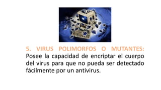 5. VIRUS POLIMORFOS O MUTANTES:
Posee la capacidad de encriptar el cuerpo
del virus para que no pueda ser detectado
fácilmente por un antivirus.
 