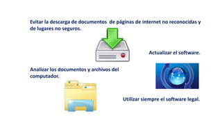 Evitar la descarga de documentos de páginas de internet no reconocidas y
de lugares no seguros.
Actualizar el software.
Analizar los documentos y archivos del
computador.
Utilizar siempre el software legal.
 