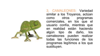3. CAMALEONES: Variedad
similar a los Troyanos, actúan
como otros programas
comerciales, en los que el
usuario confía, mientras que
en realidad están haciendo
algún tipo de daño, los
camaleones pueden realizar
todas las funciones de los
programas legítimos a los que
sustituyen.
 