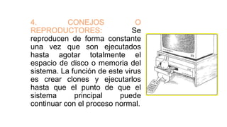 4. CONEJOS O
REPRODUCTORES: Se
reproducen de forma constante
una vez que son ejecutados
hasta agotar totalmente el
espacio de disco o memoria del
sistema. La función de este virus
es crear clones y ejecutarlos
hasta que el punto de que el
sistema principal puede
continuar con el proceso normal.
 