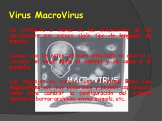 Virus MacroVirus
Se transmite a través de los documentos de las
aplicaciones que poseen algún tipo de lenguaje de
macros.
Cuando uno de estos archivos infectado es abierto o
cerrado, el virus toma el control y se copia a la
plantilla.
Los lenguajes de macros como el Visual Basic For
Applications son muy poderosos y poseen capacidades
como para cambiar la configuración del sistema
operativo, borrar archivos, enviar e-mails, etc.
 