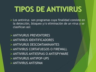  Los antivirus son programas cuya finalidad consiste en
la detección, bloqueo y/o eliminación de un virus y se
clasifican así:
ANTIVURUS PREVENTORES
ANTIVIRUS IDENTIFICADORES
ANTIVURUS DESCOMTAMINANTES
ANTIVIRUS CORTAFUEGOS O FIREWALL
ANTIVIRUS ANTIESPIAS O ANTISPYWARE
ANTIVURUS ANTIPOP-UPS
ANTIVIRUS ANTISPAM
 
