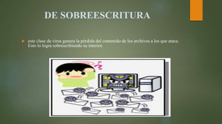 DE SOBREESCRITURA
 este clase de virus genera la pérdida del contenido de los archivos a los que ataca.
Esto lo logra sobrescribiendo su interior.
 
