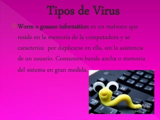 Worm o gusano informático: es un malware que 
reside en la memoria de la computadora y se 
caracteriza por duplicarse en ella, sin la asistencia 
de un usuario. Consumen banda ancha o memoria 
del sistema en gran medida. 
 