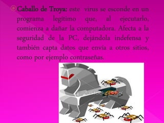 Caballo de Troya: este virus se esconde en un 
programa legítimo que, al ejecutarlo, 
comienza a dañar la computadora. Afecta a la 
seguridad de la PC, dejándola indefensa y 
también capta datos que envía a otros sitios, 
como por ejemplo contraseñas. 
 