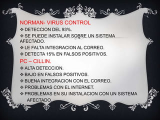 NORMAN- VIRUS CONTROL 
 DETECCION DEL 93%. 
 SE PUEDE INSTALAR SOBRE UN SISTEMA 
AFECTADO. 
 LE FALTA INTEGRACION AL CORREO. 
 DETECTA 15% EN FALSOS POSITIVOS. 
PC – CILLIN. 
 ALTA DETECCION. 
 BAJO EN FALSOS POSITIVOS. 
 BUENA INTEGRACION CON EL CORREO. 
 PROBLEMAS CON EL INTERNET. 
 PROBLEMAS EN SU INSTALACION CON UN SISTEMA 
AFECTADO. 
 