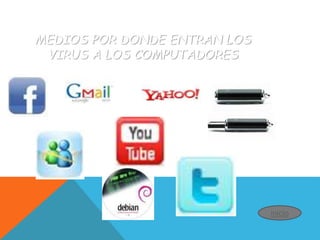 MEDIOS POR DONDE ENTRAN LOS
VIRUS A LOS COMPUTADORES
inicio
 