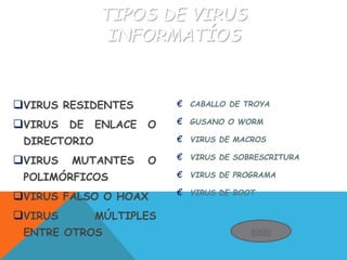TIPOS DE VIRUS
INFORMATÍOS
€ CABALLO DE TROYA
€ GUSANO O WORM
€ VIRUS DE MACROS
€ VIRUS DE SOBRESCRITURA
€ VIRUS DE PROGRAMA
€ VIRUS DE BOOT
VIRUS RESIDENTES
VIRUS DE ENLACE O
DIRECTORIO
VIRUS MUTANTES O
POLIMÓRFICOS
VIRUS FALSO O HOAX
VIRUS MÚLTIPLES
ENTRE OTROS inicio
 
