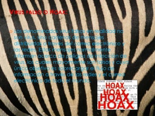 VIRUS FALSO O HOAX:

   Los denominados virus falsos en realidad no
    son virus, sino cadenas de mensajes
    distribuidas a través del correo electrónico y
    las redes. Estos mensajes normalmente
    informan acerca de peligros de infección de
    virus, los cuales mayormente son falsos y cuyo
    único objetivo es sobrecargar el flujo de
    información a través de las redes y el correo
    electrónico de todo el mundo.
 
