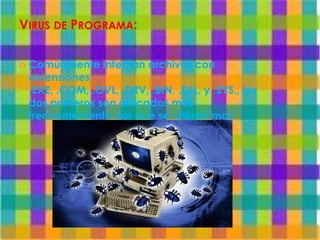 VIRUS DE PROGRAMA:

   Comúnmente infectan archivos con
    extensiones
    .EXE, .COM, .OVL, .DRV, .BIN, .DLL, y .SYS., los
    dos primeros son atacados más
    frecuentemente por que se utilizan mas
 