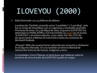 ILOVEYOU (2000)
   Daño Estimado: 10 a 15 billones de dólares
    Localización: También conocido como "Loveletter" y "Love Bug", este
    fue un script de Visual Basic con un ingenioso y irresistible caramelo:
    Promesas de amor. Un 3 de Mayo de 2000, el gusano ILOVEYOU fue
    detectado en HONG KONG y fué transmitido via email con el asunto
    "ILOVEYOU" y el archivo adjunto, Love-Letter-For-You.TXT.vbs
    De igual manera a Melissa se transmitió a todos los contactos de
    Microsoft Outlook.
    ¿Porqué?: Miles de usuario fueron seducidos por el asunto y clickearon
    en el adjunto infectado. El virus también se tomó la libertad de
    sobrescribir archivos de música, imágenes y otros.
    Curiosidades: Como Filipinas no tenía leyes que hablaran sobre la
    escritura de virus el autor de ILOVEYOU quedó sin cargos.
 