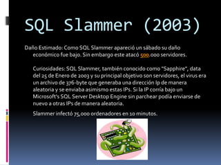 SQL Slammer (2003)
Daño Estimado: Como SQL Slammer apareció un sábado su daño
   económico fue bajo. Sin embargo este atacó 500.000 servidores.

   Curiosidades: SQL Slammer, también conocido como "Sapphire", data
   del 25 de Enero de 2003 y su principal objetivo son servidores, el virus era
   un archivo de 376-byte que generaba una dirección Ip de manera
   aleatoria y se enviaba asimismo estas IPs. Si la IP corría bajo un
   Microsoft's SQL Server Desktop Engine sin parchear podía enviarse de
   nuevo a otras IPs de manera aleatoria.
   Slammer infectó 75,000 ordenadores en 10 minutos.
 