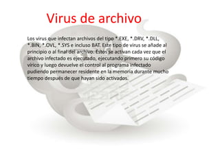 Virus de archivo 
Los virus que infectan archivos del tipo *.EXE, *.DRV, *.DLL, 
*.BIN, *.OVL, *.SYS e incluso BAT. Este tipo de virus se añade al 
principio o al final del archivo. Estos se activan cada vez que el 
archivo infectado es ejecutado, ejecutando primero su código 
vírico y luego devuelve el control al programa infectado 
pudiendo permanecer residente en la memoria durante mucho 
tiempo después de que hayan sido activados. 
 