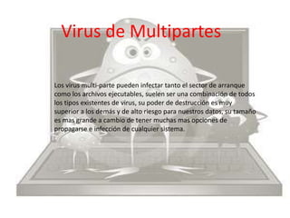 Virus de Multipartes 
Los virus multi-parte pueden infectar tanto el sector de arranque 
como los archivos ejecutables, suelen ser una combinación de todos 
los tipos existentes de virus, su poder de destrucción es muy 
superior a los demás y de alto riesgo para nuestros datos, su tamaño 
es mas grande a cambio de tener muchas mas opciones de 
propagarse e infección de cualquier sistema. 
 