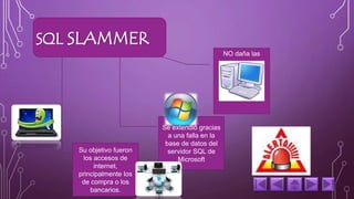 NO daña las 
Se extendió gracias 
a una falla en la 
base de datos del 
servidor SQL de 
Microsoft 
SQL SLAMMER 
Su objetivo fueron 
los accesos de 
internet, 
principalmente los 
de compra o los 
bancarios. 
 