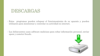 DESCARGAS
• Estos programas pueden colapsar el funcionamiento de su aparato y pueden
utilizarse para monitorear y controlar su actividad en internet.
• Los delincuentes usan software malicioso para robar información personal, enviar
spam y cometer fraude.
 