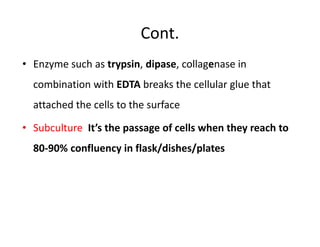 Cont.
• Enzyme such as trypsin, dipase, collagenase in
combination with EDTA breaks the cellular glue that
attached the cells to the surface
• Subculture It’s the passage of cells when they reach to
80-90% confluency in flask/dishes/plates
 