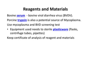Reagents and Materials
Bovine serum - bovine viral diarrhea virus (BVDV).
Porcine trypsin is also a potential source of Mycoplasma.
Use mycoplasma and BVD screening test
• Equipment used needs to sterile plasticware (flasks,
centrifuge tubes, pipettes)
Keep certificate of analysis of reagent and materials
 