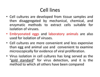 Cell lines
• Cell cultures are developed from tissue samples and
then disaggregated by mechanical, chemical, and
enzymatic methods to extract cells suitable for
isolation of viruses.
• Embryonated eggs and laboratory animals are also
used for isolation of viruses.
• Cell cultures are more convenient and less expensive
than egg and animal use and convenient to examine
microscopically for evidence of viral proliferation.
• Virus isolation in cell cultures has long served as the
“gold standard” for virus detection, and it is the
method to which all others have been compared
 