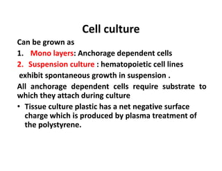 Cell culture
Can be grown as
1. Mono layers: Anchorage dependent cells
2. Suspension culture : hematopoietic cell lines
exhibit spontaneous growth in suspension .
All anchorage dependent cells require substrate to
which they attach during culture
• Tissue culture plastic has a net negative surface
charge which is produced by plasma treatment of
the polystyrene.
 