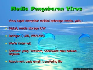 Media Penyebaran Virus Virus dapat menyebar melalui beberapa media, yaitu : Disket, media storage R/W  Jaringan ( LAN, WAN,dsb)  WWW (internet)  Software yang Freeware, Shareware atau bahkan Bajakan  Attachment pada email, transfering file  