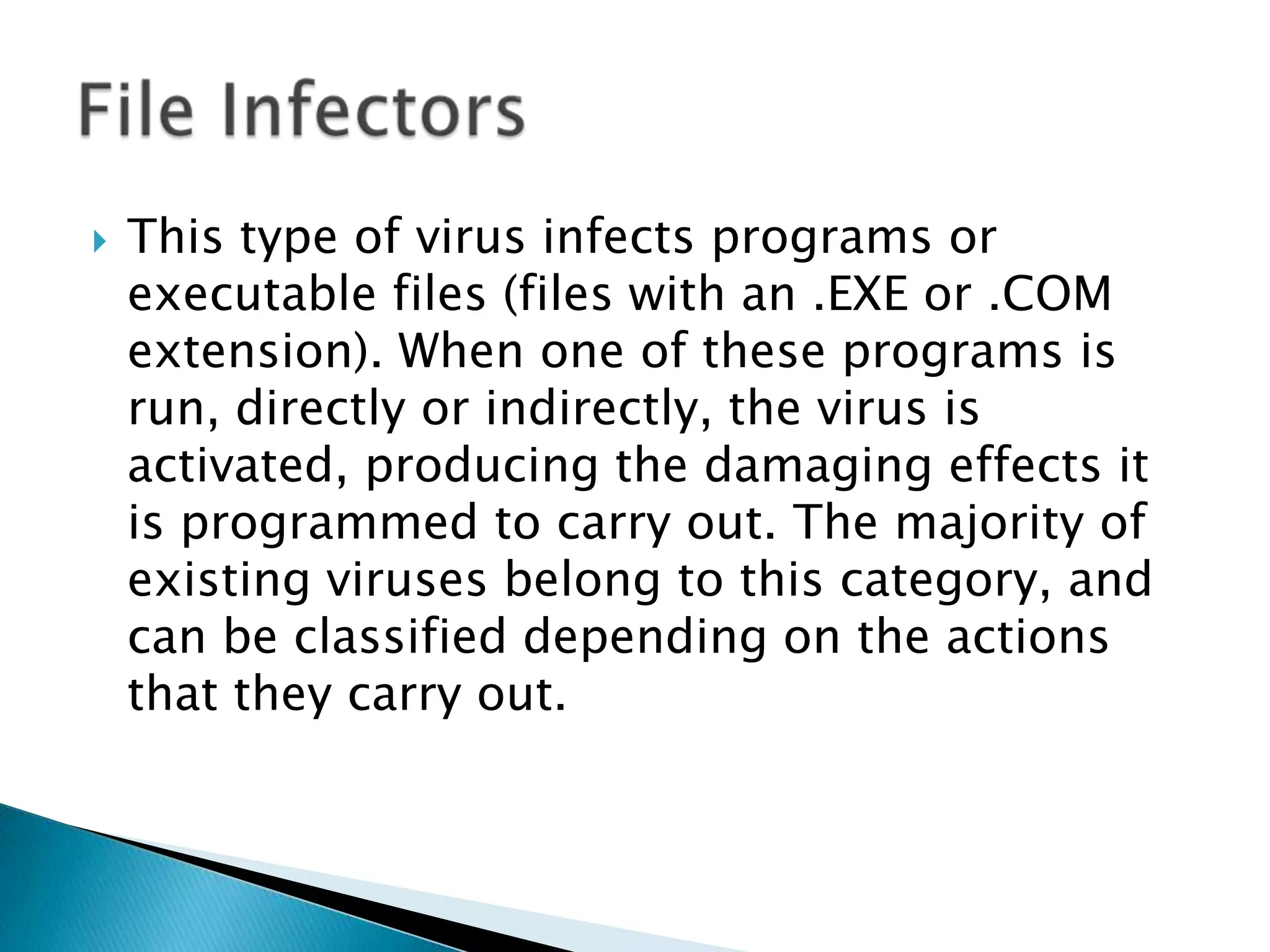 This type of virus infects programs or executable files (files with an .EXE or .COM extension). When one of these programs is run, directly or indirectly, the virus is activated, producing the damaging effects it is programmed to carry out. The majority of existing viruses belong to this category, and can be classified depending on the actions that they carry out.File Infectors