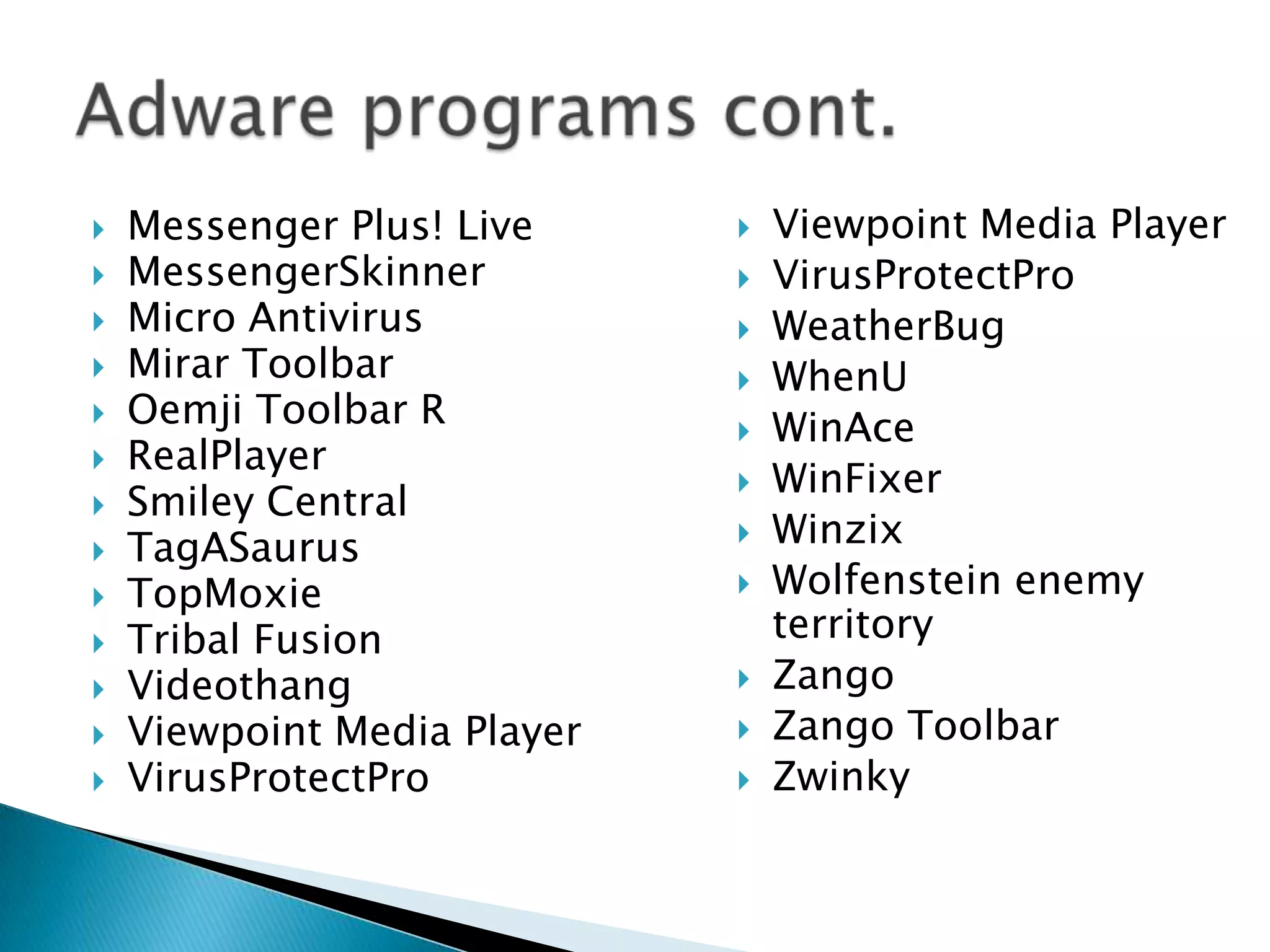 Messenger Plus! LiveMessengerSkinnerMicro Antivirus Mirar Toolbar Oemji Toolbar RRealPlayer Smiley Central TagASaurusTopMoxieTribal Fusion VideothangViewpoint Media Player VirusProtectProAdware programs cont.Viewpoint Media Player VirusProtectProWeatherBugWhenUWinAceWinFixerWinzixWolfenstein enemy territory ZangoZango Toolbar Zwinky