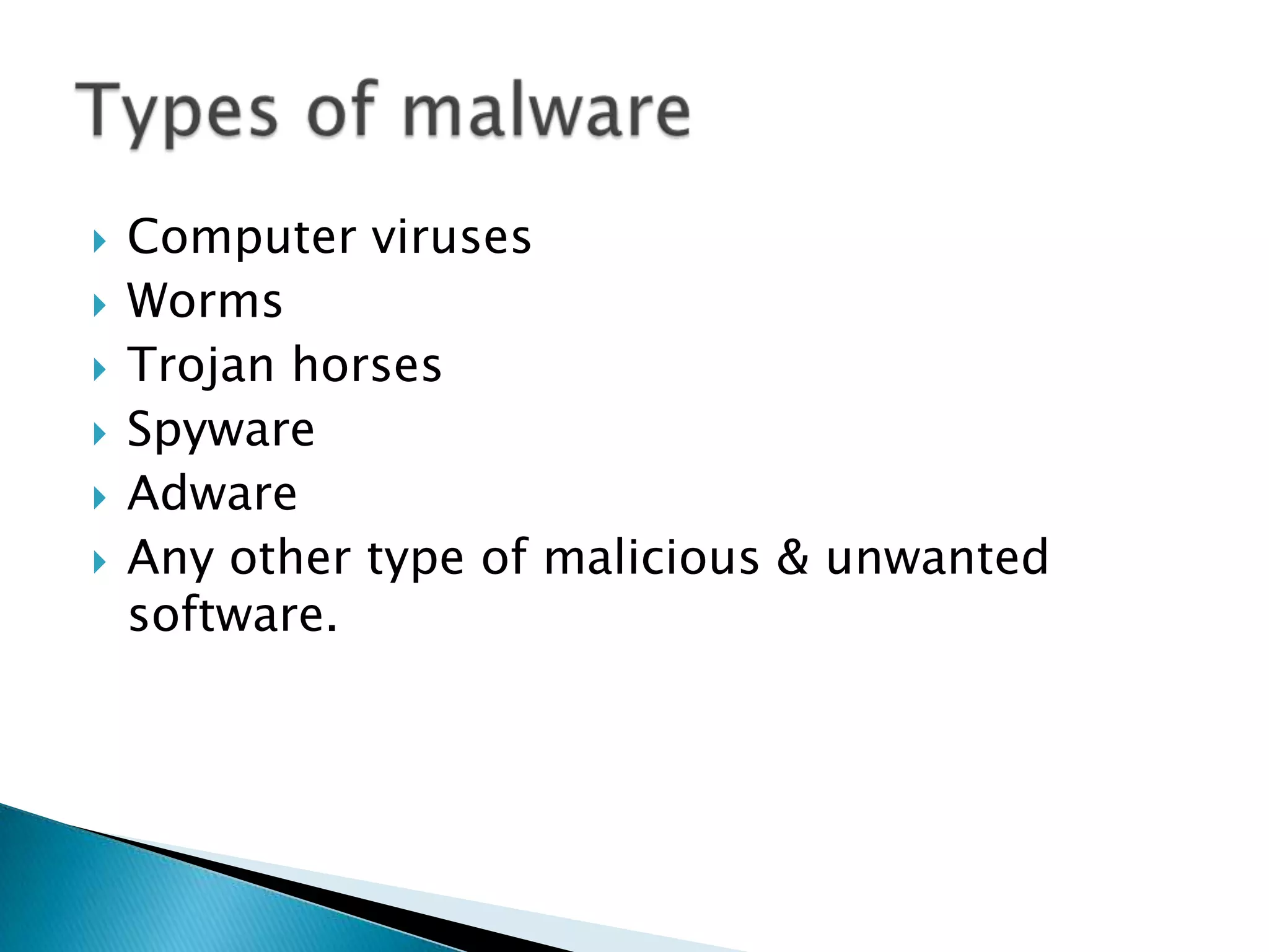 Computer virusesWormsTrojan horsesSpywareAdwareAny other type of malicious & unwanted software.Types of malware