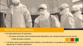 REPORTE DE CONTAGIO
 En total enfermaron 37 personas.
 25 casos ocurrieron entre el personal del laboratorio, por contacto directo con los monos.
 Siete de estos murieron.
 Los otros casos comprendieron dos médicos, una enfermera, un ayudante de autopsias y la
esposa de un médico veterinario.
Esta foto de Autor desconocido está bajo licencia CC BY-SA-NC
5
 