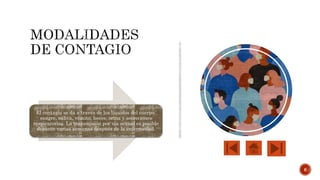 El contagio se da a través de los líquidos del cuerpo:
sangre, saliva, vómito, heces, orina y secreciones
respiratorias. La transmisión por vía sexual es posible
durante varias semanas después de la enfermedad.
6
 