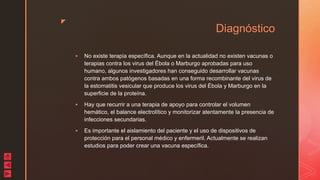 z
Diagnóstico
 No existe terapia específica. Aunque en la actualidad no existen vacunas o
terapias contra los virus del Ébola o Marburgo aprobadas para uso
humano, algunos investigadores han conseguido desarrollar vacunas
contra ambos patógenos basadas en una forma recombinante del virus de
la estomatitis vesicular que produce los virus del Ébola y Marburgo en la
superficie de la proteína.
 Hay que recurrir a una terapia de apoyo para controlar el volumen
hemático, el balance electrolítico y monitorizar atentamente la presencia de
infecciones secundarias.
 Es importante el aislamiento del paciente y el uso de dispositivos de
protección para el personal médico y enfermeril. Actualmente se realizan
estudios para poder crear una vacuna específica.
 