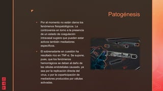 z
Patogénesis
 Por el momento no están claros los
fenómenos fisiopatológicos. La
controversia en torno a la presencia
de un estado de coagulación
intravasal sugiere que pueden estar
activos también mediadores
específicos.
 El sobrenadante en cuestión ha
resultado rico en TNF-α. Se supone,
pues, que los fenómenos
hemorrágicos se deban al daño de
las células endoteliales causado, ya
sea por la replicación directa del
virus, o por la coparticipación de
mediadores producidos por células
activadas.
 