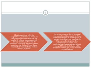 El 13 de agosto de 1987, fue
hospitalizado, asimismo en Kenia, un
muchacho danés de 15 años con un
cuadro de cefalea, malestar general,
fiebre y vómitos, de tres días de
duración. A pesar de la intensa terapia
de apoyo, murió al undécimo día de
enfermedad. También había visitado
la cueva de Kitum.
Entre 2004-2005 se dio en Angola el
que acabaría siendo el mayor brote de
fiebre hemorrágica de Marburgo de la
historia. Se originó en la provincia de
Uige en octubre de 2004. Tras
identificarse el último caso
confirmado en laboratorio, en julio de
2005, el Ministerio de Salud había
notificado en total 374 casos, incluidas
329 defunciones
5
 