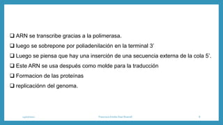  ARN se transcribe gracias a la polimerasa.
 luego se sobrepone por poliadenilación en la terminal 3’
 Luego se piensa que hay una inserción de una secuencia externa de la cola 5’.
 Este ARN se usa después como molde para la traducción
 Formacion de las proteínas
 replicaciónn del genoma.
14/07/2021 Francisco Emilio Diaz Riveroll 8
 