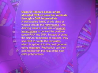 Class 6: Positive-sense single-
stranded RNA viruses that replicate
through a DNA intermediate
A well-studied family of this class of
viruses include the retroviruses. One
defining feature is the use of reverse
transcriptase to convert the positive-
sense RNA into DNA. Instead of using
the RNA for templates of proteins, they
use DNA to create the templates,
which is spliced into the host genome
using integrase. Replication can then
commence with the help of the host
cell's polymerases
 