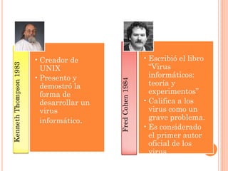 Kenneth Thompson 1983 
•Creador de UNIX 
•Presento y demostró la forma de desarrollar un virus informático. 
Fred Cohen 1984 
•Escribió el libro “Virus informáticos: teoría y experimentos” 
•Califica a los virus como un grave problema. 
•Es considerado el primer autor oficial de los virus.  