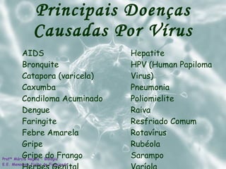 Principais Doenças Causadas Por Vírus AIDS Bronquite Catapora (varicela) Caxumba Condiloma Acuminado Dengue Faringite Febre Amarela Gripe Gripe do Frango Herpes Genital Hepatite HPV (Human Papiloma Virus) Pneumonia Poliomielite Raiva Resfriado Comum Rotavírus Rubéola Sarampo Varíola 