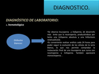DIAGNÓSTICO DE LABORATORIO:
1. hematológico
Glóbulos
blancos:
•Se observa leucopenia y linfopenia, de desarrollo
más lento que la neutropenia, produciéndose por
tanto una Iinfopenia absoluta y una linfocitosis
relativa(IO,63).
•Es conveniente realizar análisis cada 24 horas para
poder seguir la evolución de las células de la serie
blanca, lo que nos permite comprobar la
instauración final de una leucopenia que cursa con
neutropenia y linfopenia. También aparecerá
monocitopenia. .
DIAGNOSTICO.
 